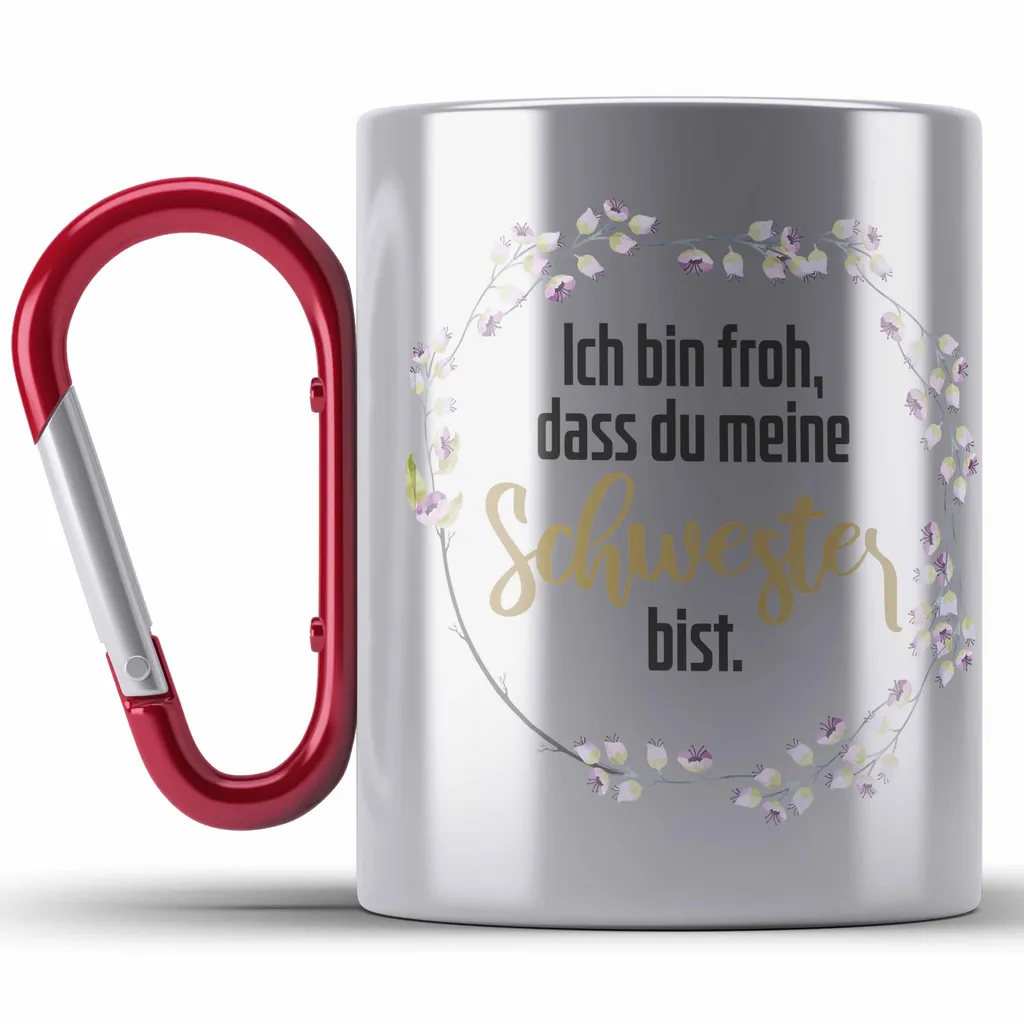 Trendation - Beste Schwester Edelstahl Tasse Karabiner Spruch Geschenkidee Geburtstag Schwester von Schwester (Rot)